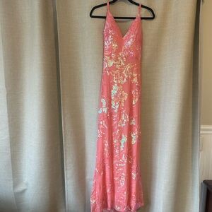Honey and Rosie Sequin Pink/Coral Prom Gown Laced Up Back Sz M NWT